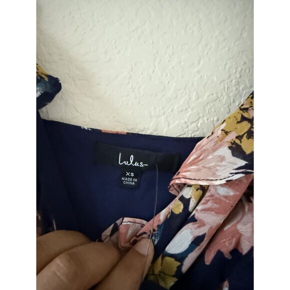New Lulus Soiree Navy Blue Floral Print Ruched Midi Dress Size XS‎ - Picture 7 of 8